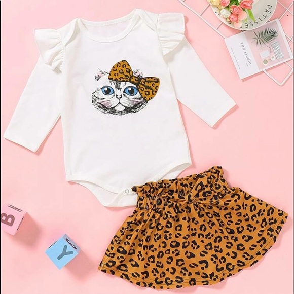 Cat print ruffle romper w Leopard paper bag skirt - Picture 1 of 3